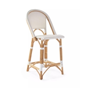 A white rattan bar stool set against a white background.