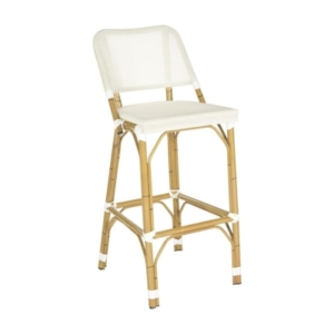 A white rattan bar stool on a plain background.