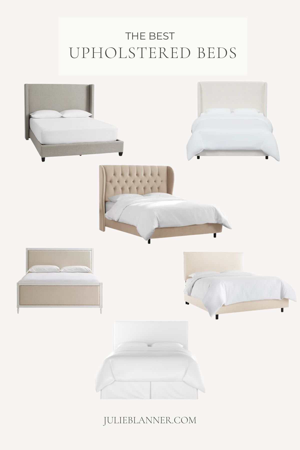 A graphic featuring several different images of upholstered beds. Title against a cream background reads "The Best Upholstered Beds". Image is attributed to www.lifestylegleam.com at the base.