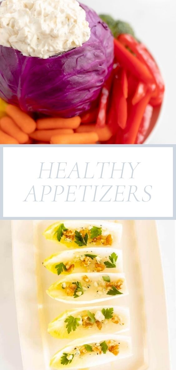 Ttile Page showing healthy appetizers with endives and a cabbage head filled with dip surrounded by vegetables.