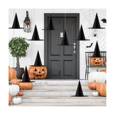 black witches hats on a Halloween porch