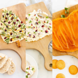 A graphic image combining three different pictures of butter boards - one for Christmas, one traditional, and one in the shape of a pumpkin