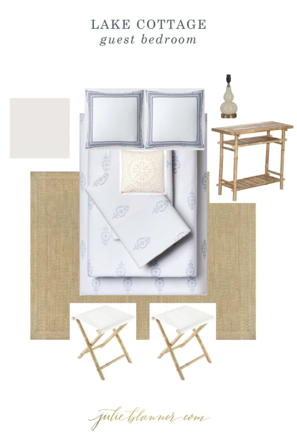 An interior design mood board with images pulled from various sources, headline reads "lake cottage guest bedroom"