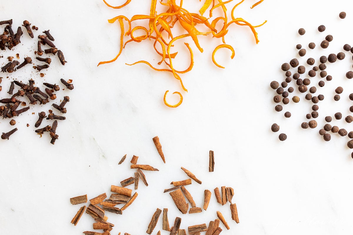Mulling spices such as cinnamon, cloves, nutmeg, and cardamom are used to enhance various beverages and dishes.