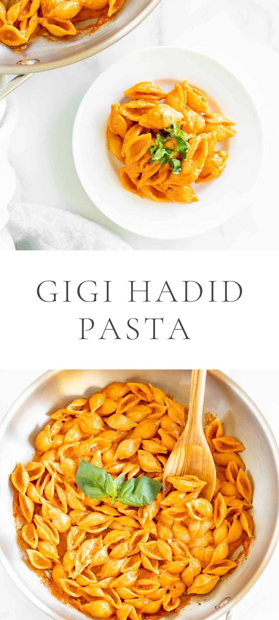 vodka pasta with basil on top in pan and in white plate