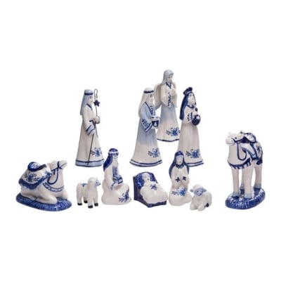 Blue and white Christmas decorations nativity set.