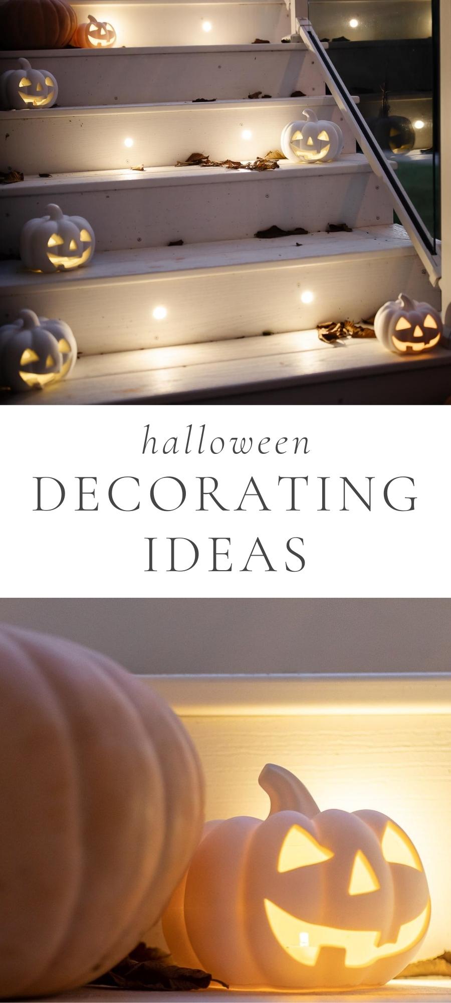 pumpkin decor on stairs next to pumpkins