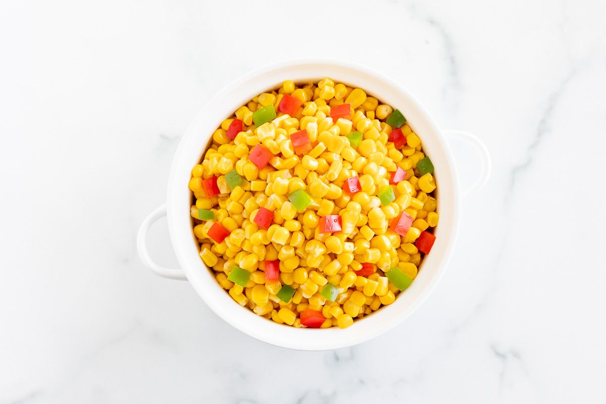 Homemade Mexicorn in a white serving bowl, placed on a white marble countertop. 