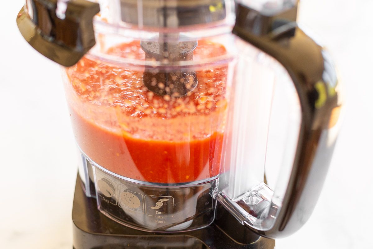 San Marzano tomatoes in a food processor.