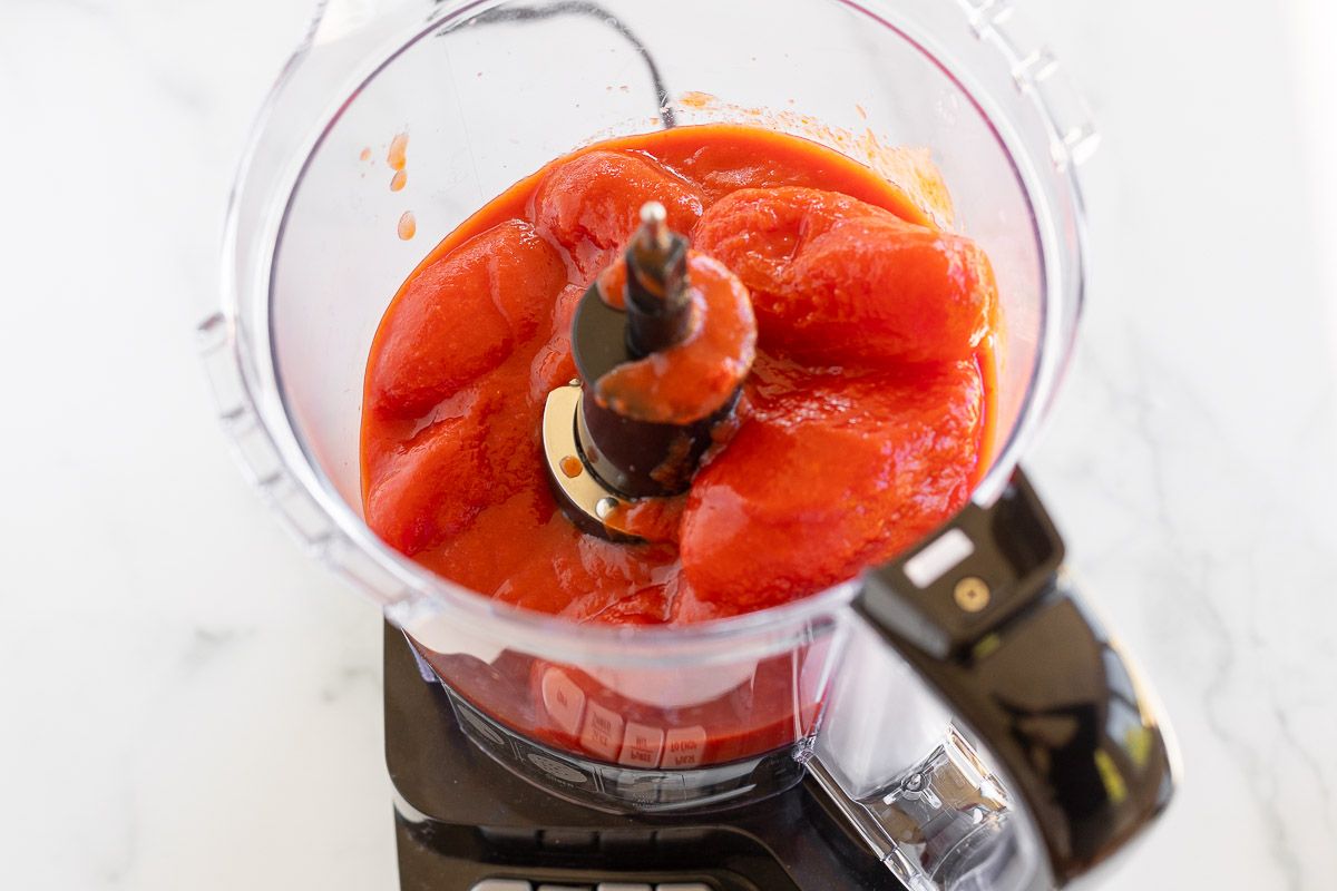 San Marzano tomatoes in a food processor.