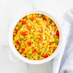 Homemade Mexicorn in a white serving bowl, placed on a white marble countertop.