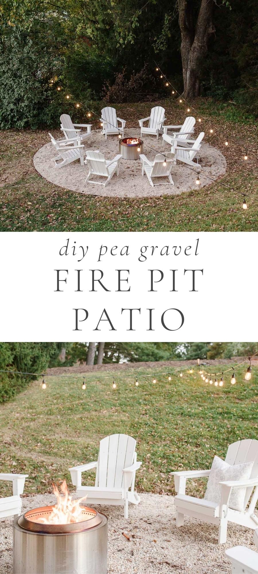 pea gravel with patio chairs around fire pit and sting lights