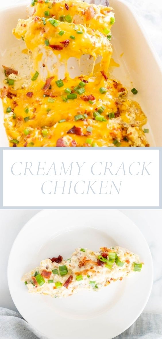 Creamy Crack Chicken is pictured in a white baking dish and a white plate on a marble counter top.