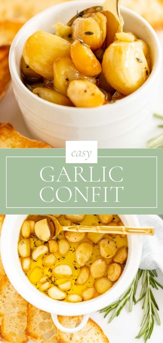 garlic confit in white bowl with gold spoon