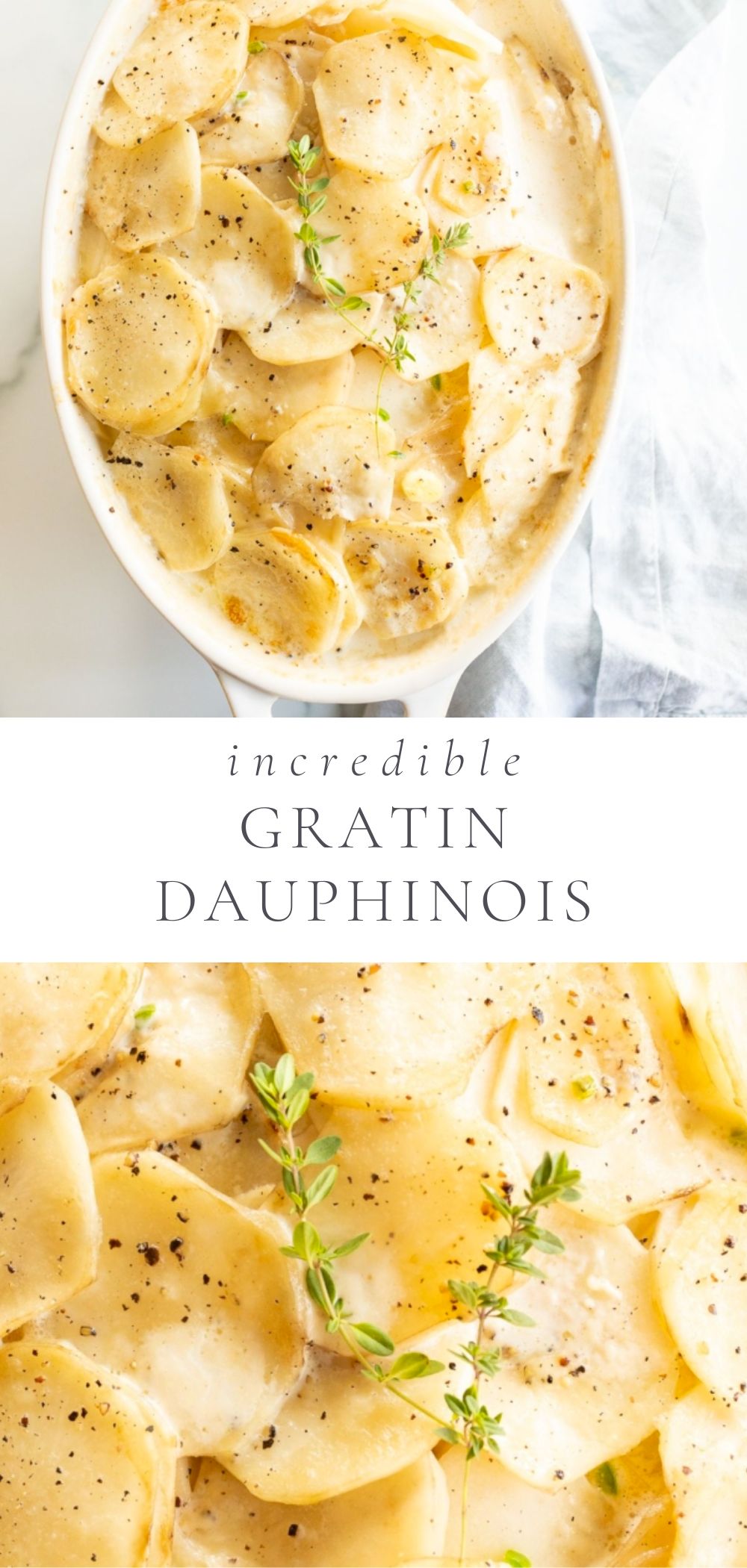 gratin dauphinois, overlay text, close up of gratin dauphinois