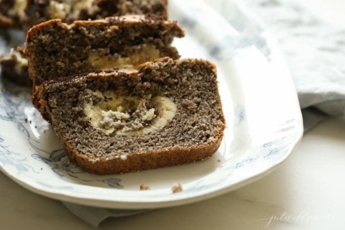 Cookies and cream bread on a blue and white plate 