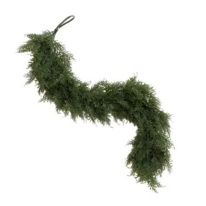 A faux green pine and cedar garland with a looped end, shown against a white background.