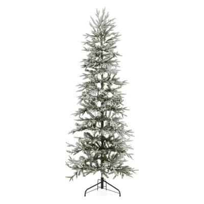 A sparse artificial Christmas tree on a stand against a white background.