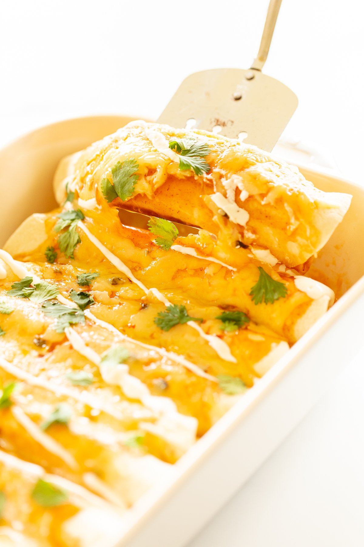 Cheese enchiladas in a white baking dish.