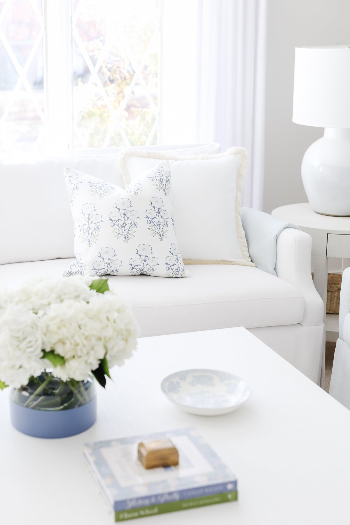 A decluttered living room with a white couch.