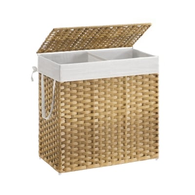 A wicker laundry basket with a lid, perfect for organizing and storing your laundry in stylish storage containers.