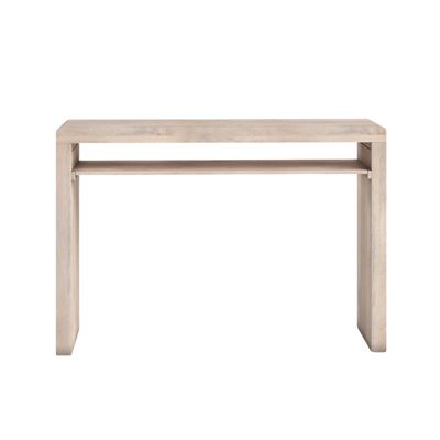 A solid wood console table in a light color