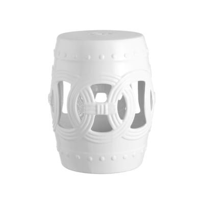 A white garden stool with a circular design available on Amazon.