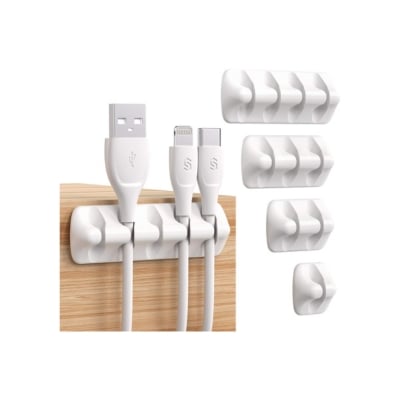 A white wall mounted charging station with several cables attached to it, perfect for all your Amazon gadgets.