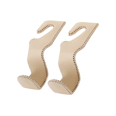 A pair of beige hooks on a white background.