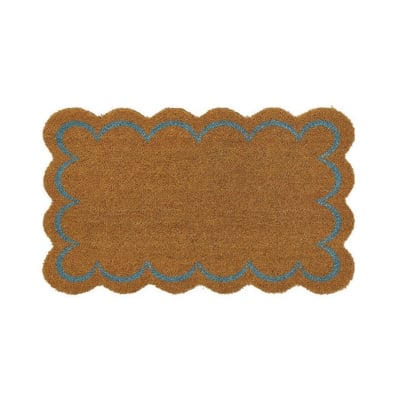 A brown and blue rectangle shaped doormat with scalloped decor.