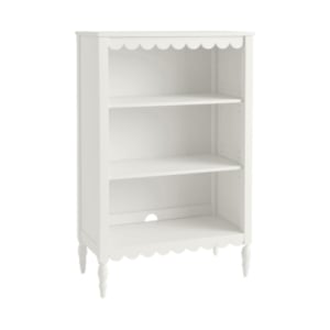 A white bookcase with scalloped decor.