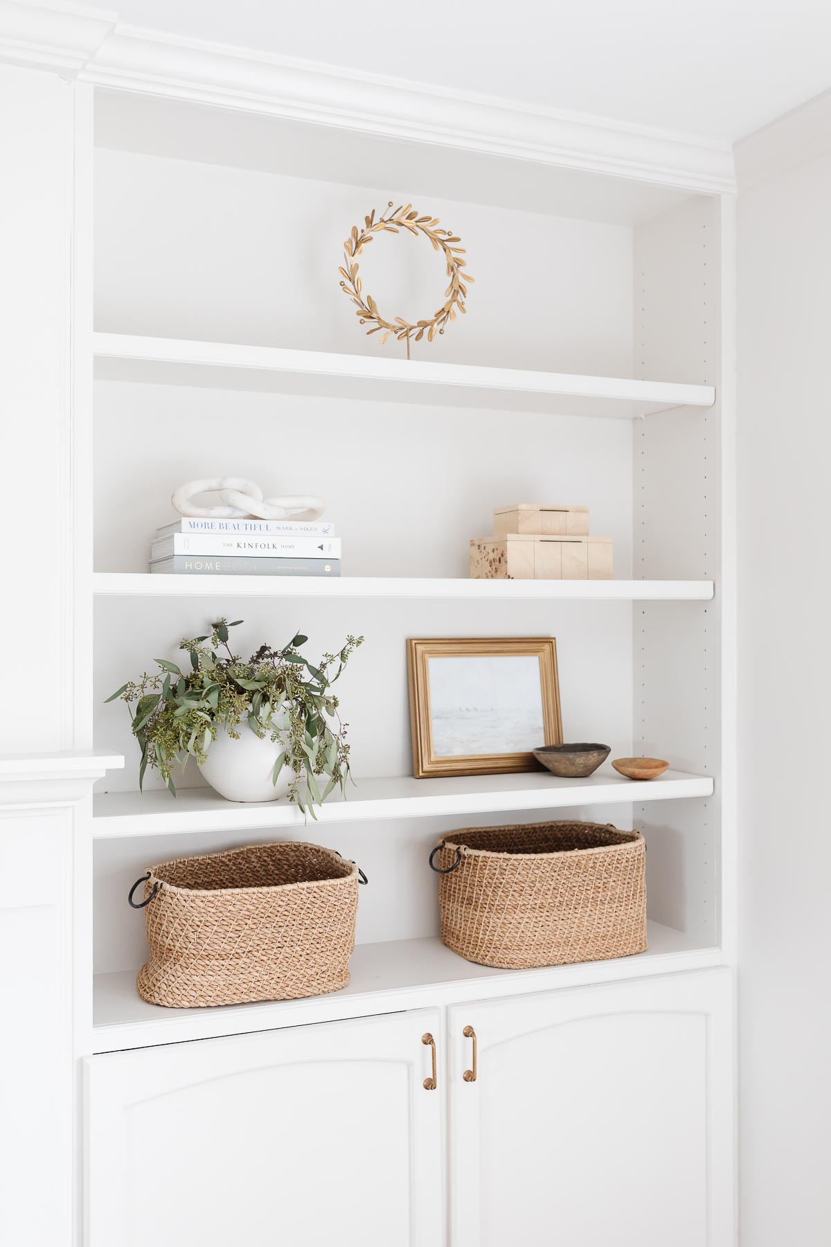 warm white bookshelves