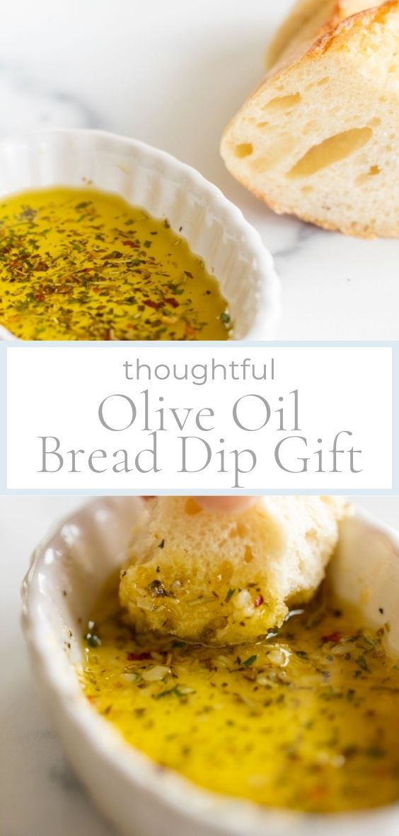 A hand dipping a piece of bread into a white ramekin full of olive oil bread dip.