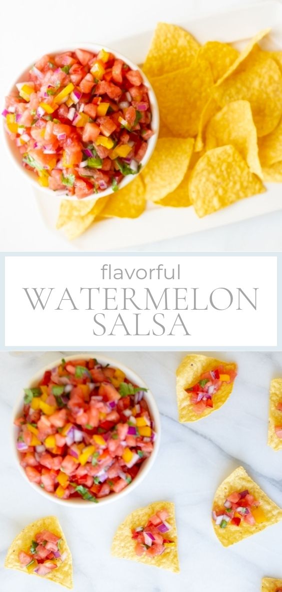 Watermelon salsa is displayed in a white serving bowl on a marble counter with chips.