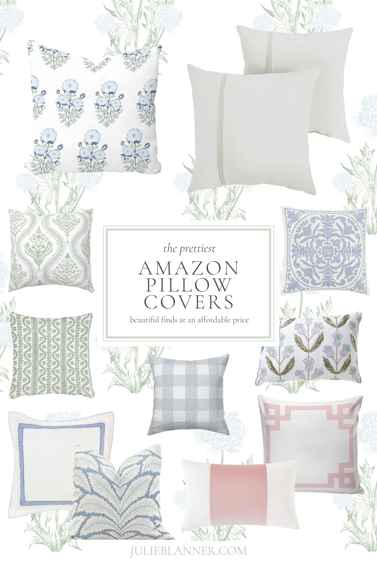 A graphic image featuring a variety of Amazon pillow covers. 