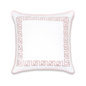 A white and pink pillow with a Greek design, available on Amazon.