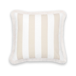 This beige and white striped pillow comes with fringe trim, perfect for adding a touch of elegance to your decor. Made from high-quality materials, this pillow is suitable for use in any room of the house