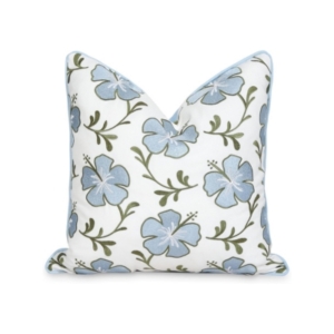 Blue and white pillow with hibiscus flowers on it available in amazon pillow covers.