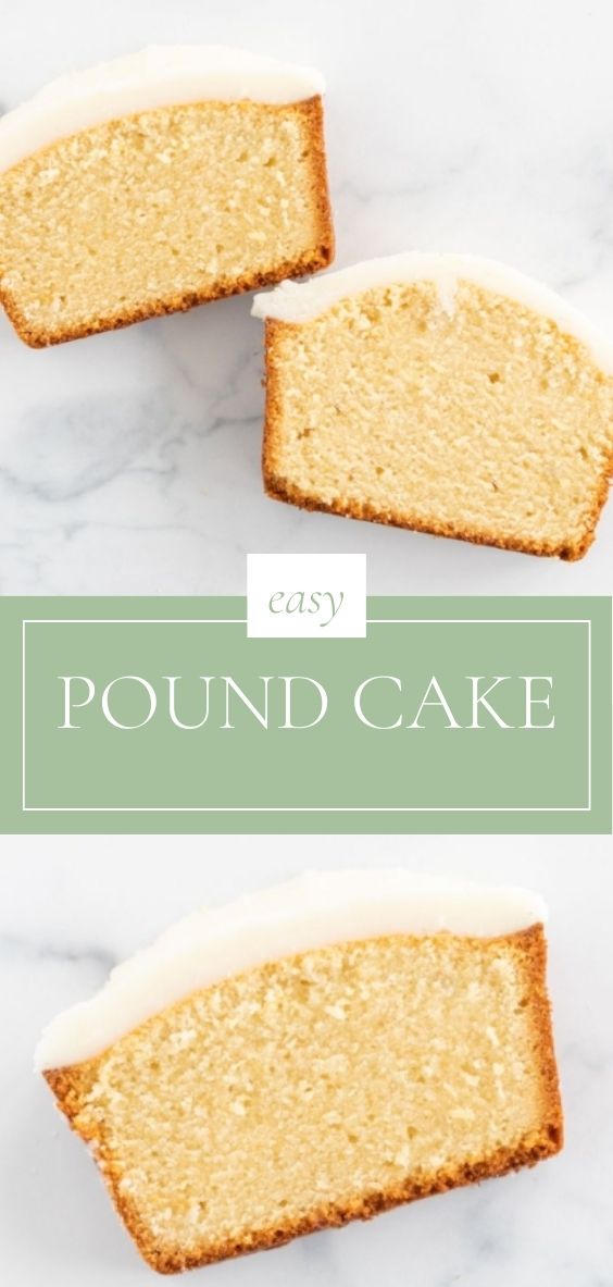 Sliced pound cake is pictured on a marble surface.