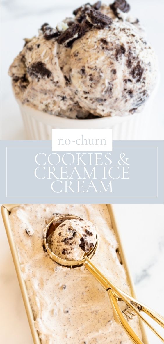 Cookies and cream ice cream scoops in small white bowl, topped with cookie crumbs