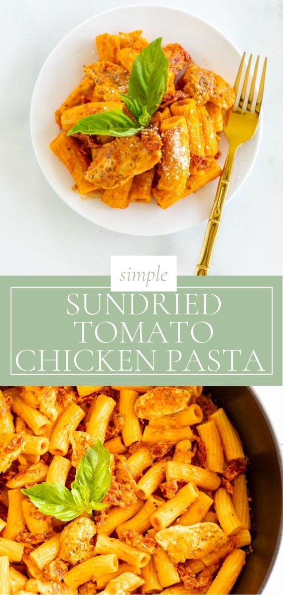 Sundried tomato pasta is pictured in a white bowl with a golden fork on a marble counter top.