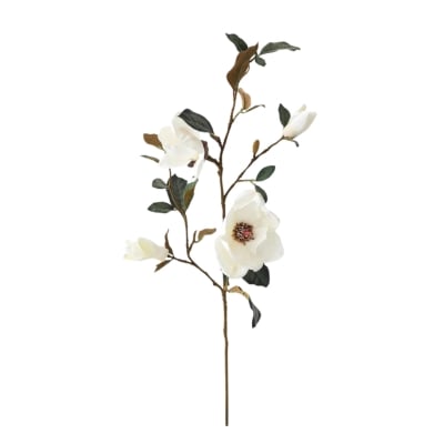 A white magnolia flower on a stem that closely resembles a real flower.