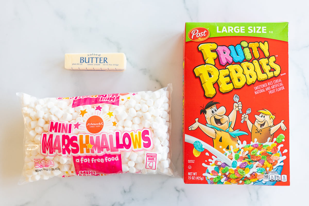 Overhead view of ingredients for Fruity Pebbles Treats