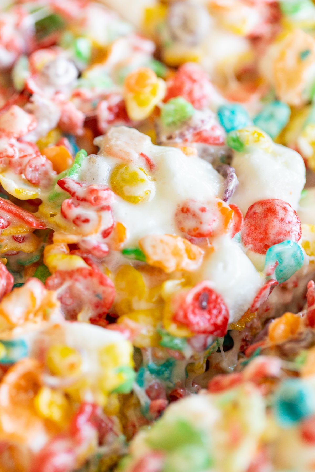 Closeup of Fruity Pebbles Treats to show texture