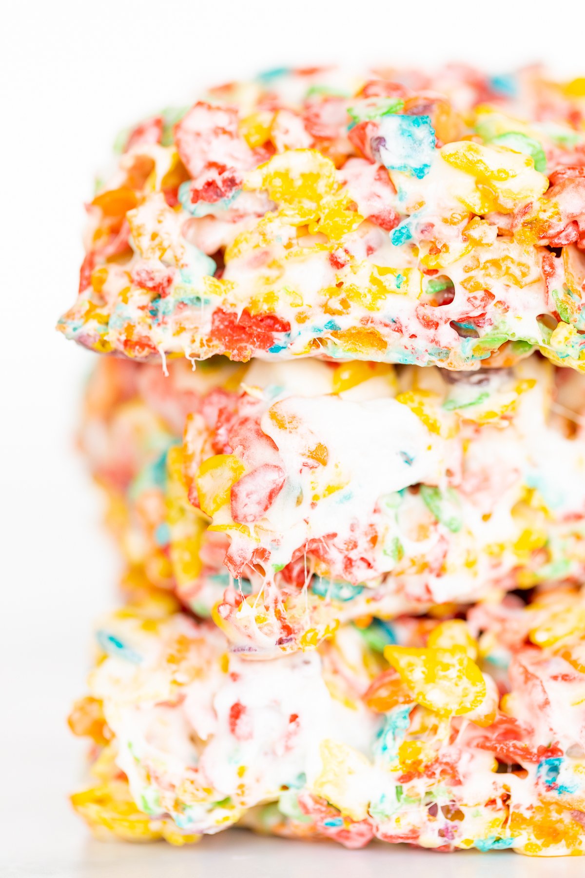 Closeup of stack of 3 Fruity Pebbles Treats