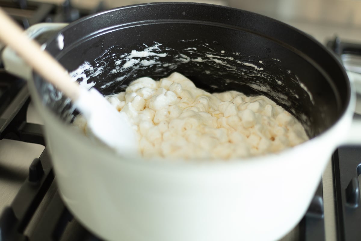 Marshmallow and butter mixture in pot on stovetop