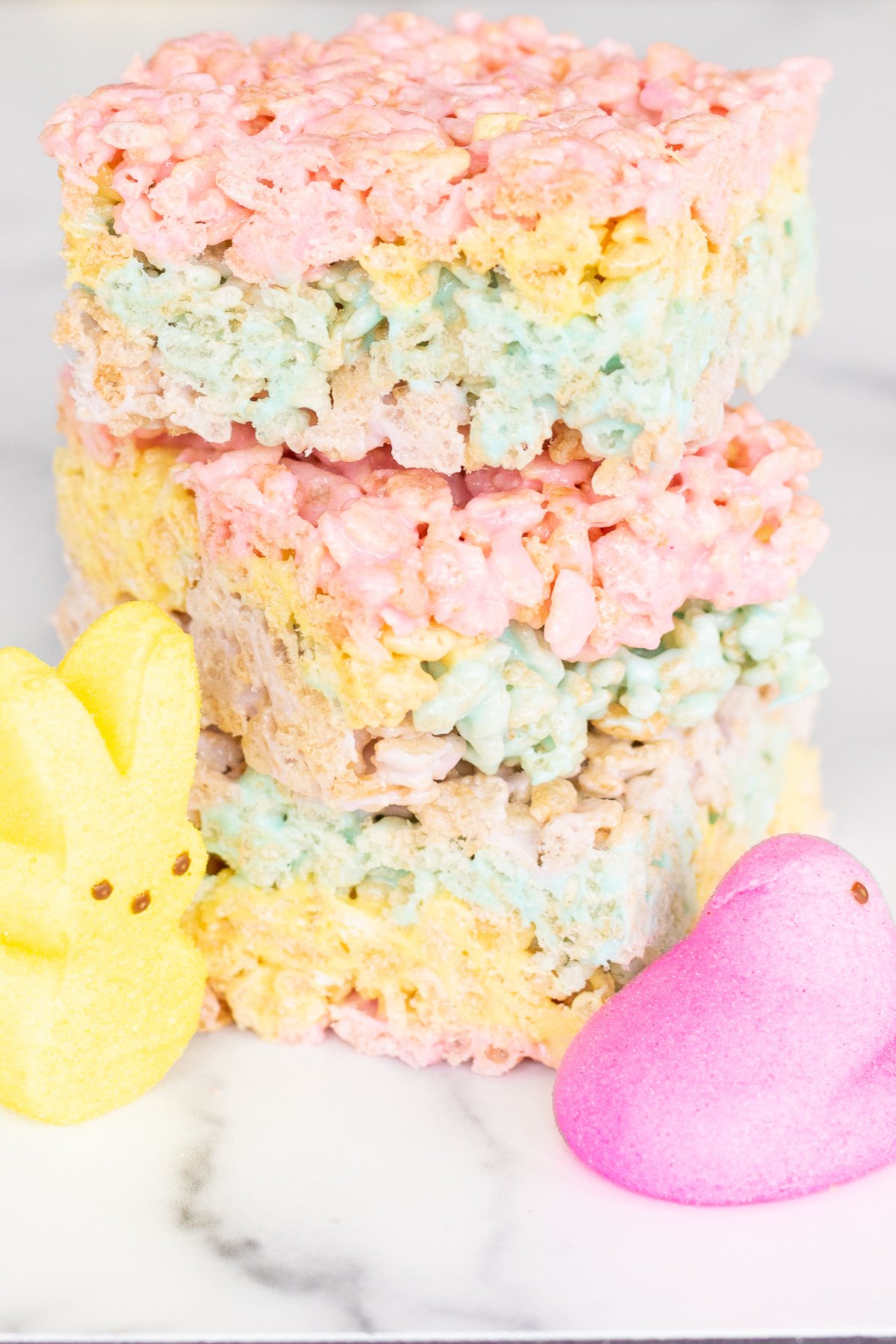 Stack of 3 Peeps treats with yellow bunny Peep and pink chick Peep