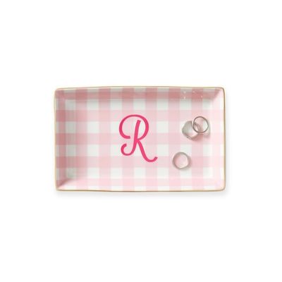 a pink gingham bathroom tray