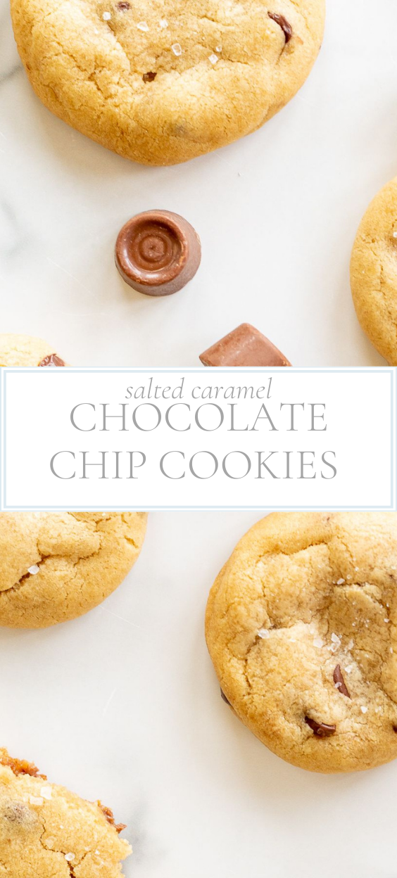 Chocolate chip cookies are laying on a counter with wrapped and unwrapped Rollo candies surrounding them.