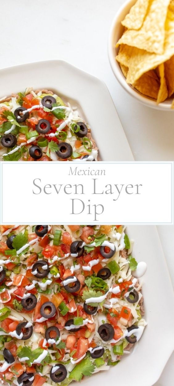 Rectangular white platter of seven layer dip.